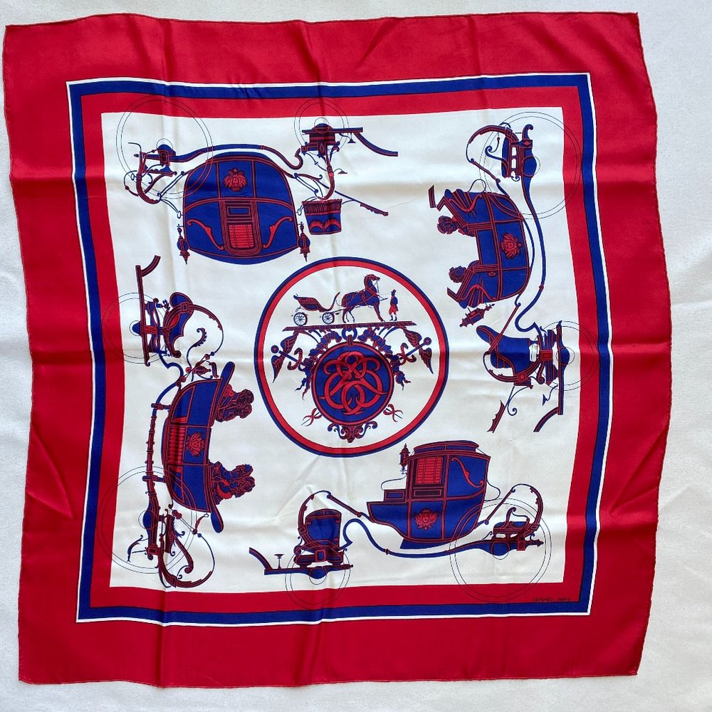 Hermes Vintage Red White Blue Carriage Pattern Silk Scarf 33 Inch Square